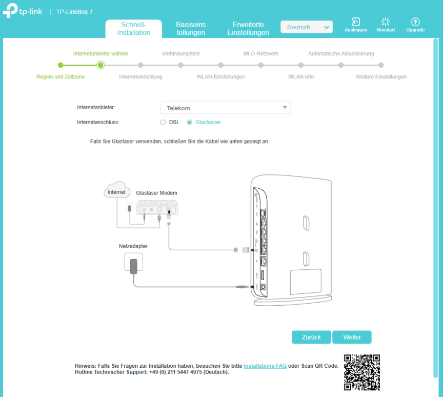 Die Seite mit dem zweiten Schritt der Schnellkonfiguration, auf der „Telekom“ und „Glasfaser“ ausgewählt sind.