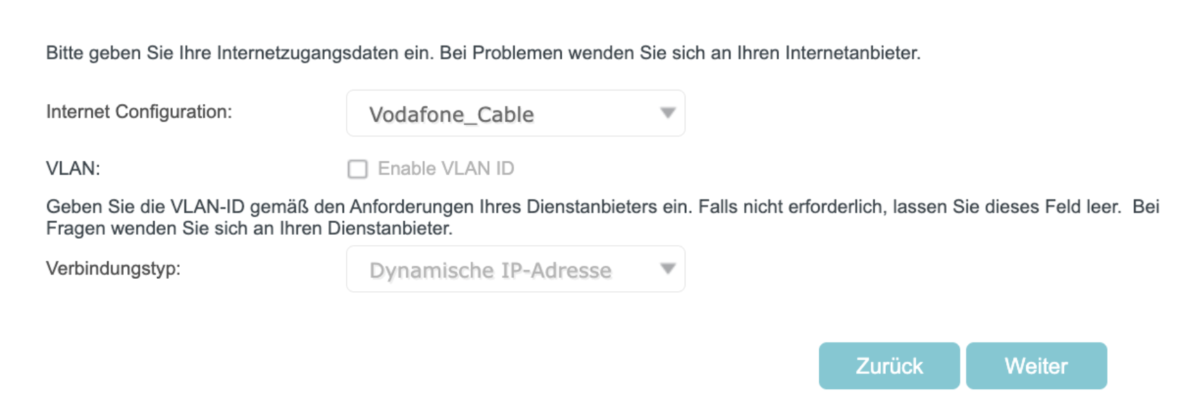 Die Seite für den dritten Schritt der Schnellkonfiguration, auf der die Konfiguration des Vodafone-Kabelinternets gezeigt wird.