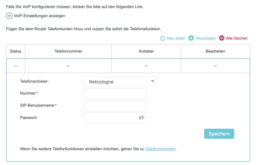 Die Seite mit den VoIP-Einstellungen, auf der „netcologne“ als Anbieter ausgewählt ist.