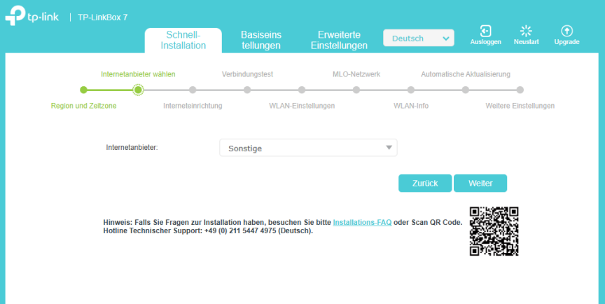 Seite des zweiten Schritts der Schnellkonfiguration, auf der als Internetanbieter „Sonstige“ ausgewählt ist.