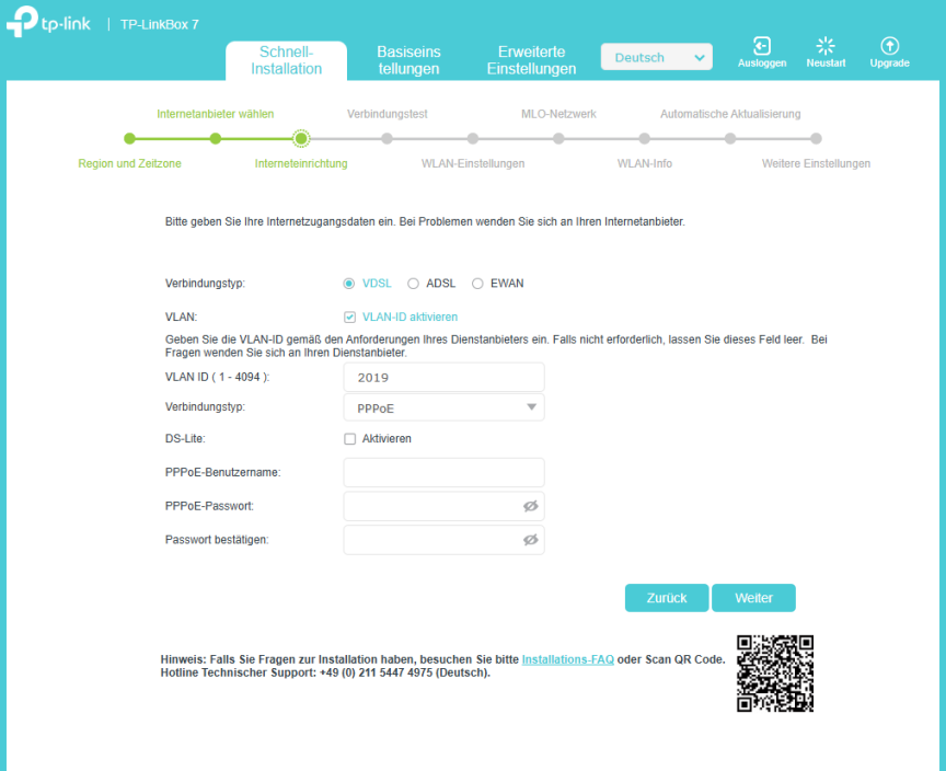 Die Seite zur Internetkonfiguration der Schnellkonfiguration mit „VDSL“ als Leitungstyp, „2019“ als VLAN-ID und „PPPoE“ als Verbindungstyp.