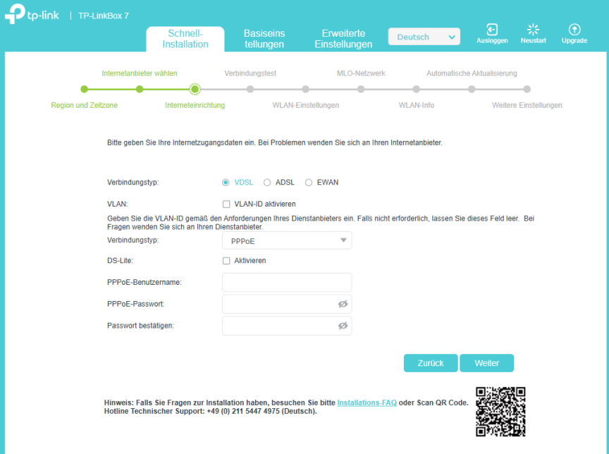 Seite des Internetschritts der Schnellkonfiguration mit „VDSL“ als Leitungstyp, deaktivierter VLAN-ID und „PPPoE“ als Verbindungstyp.