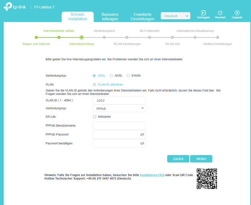 Die Seite zur Internetkonfiguration der Schnellkonfiguration mit „VDSL“ als Leitungstyp, „1002“ als VLAN-ID und „PPPoE“ als Verbindungstyp.