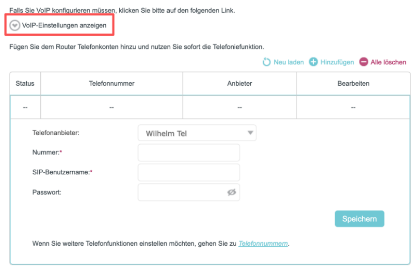 Die Seite mit den VoIP-Einstellungen, auf der „Wilhelm.tel“ als Anbieter ausgewählt ist.