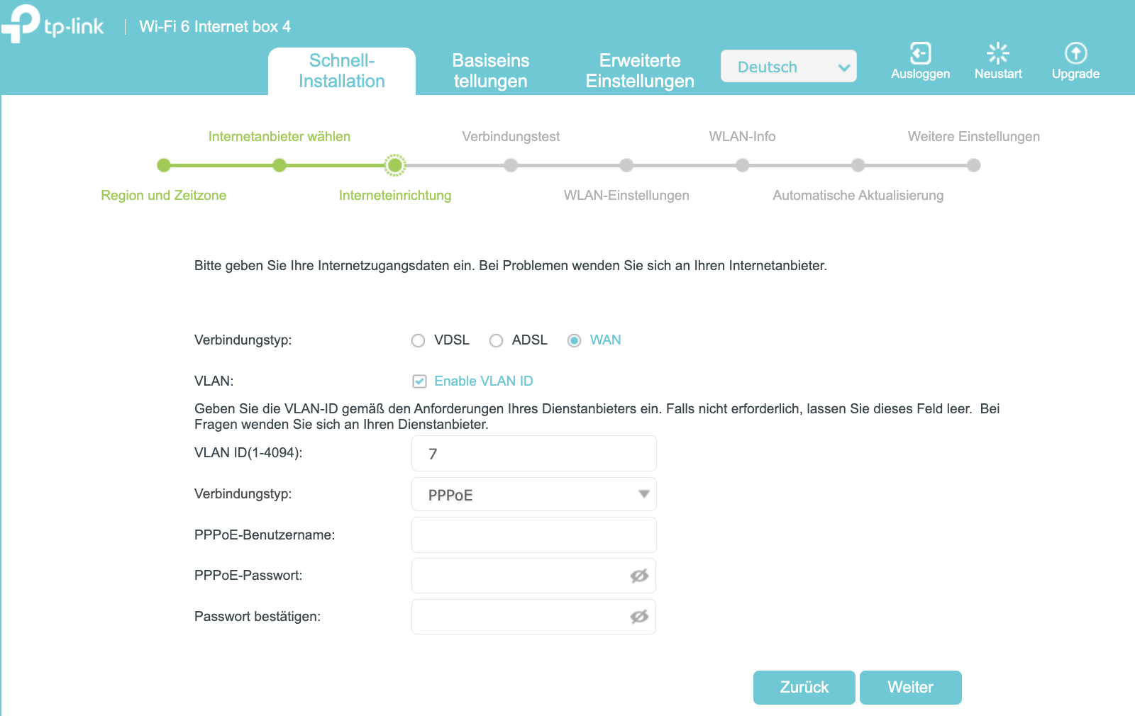 Die Seite „Internet-Einrichtung“ in „Quick Setup“ mit „WAN“ oder „EWAN“ als Leitungstyp.