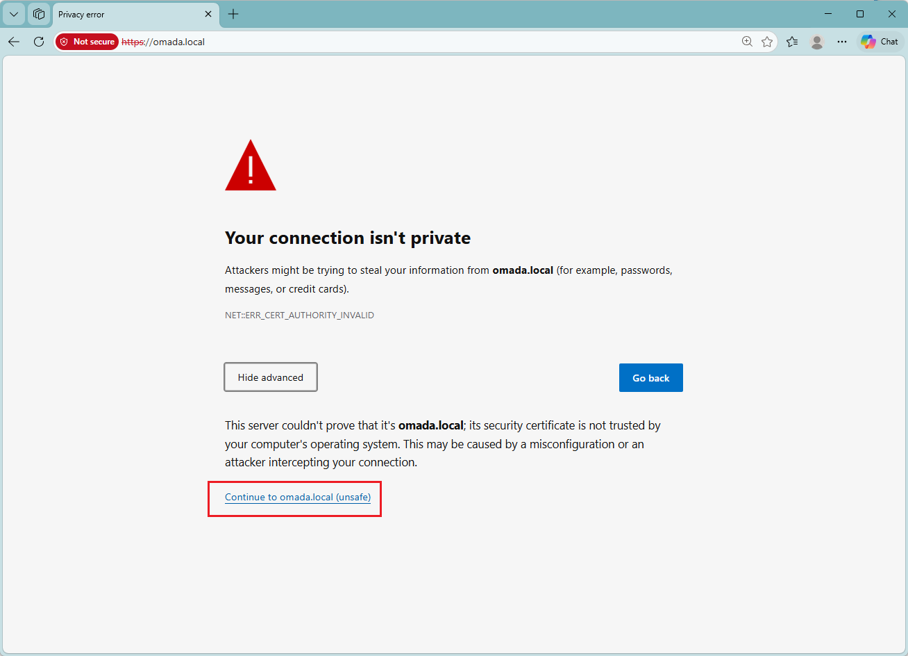 A browser privacy error page with Continue to omada.local highlighted.