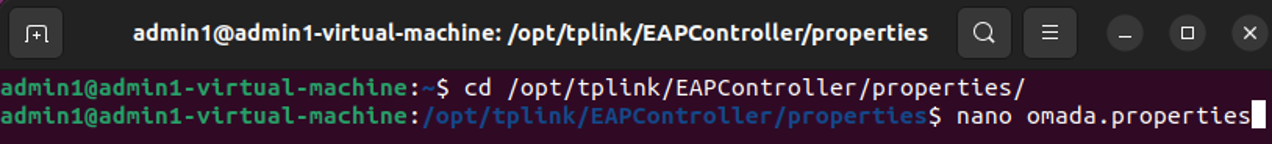 omada.properties file opened in nano text editor.