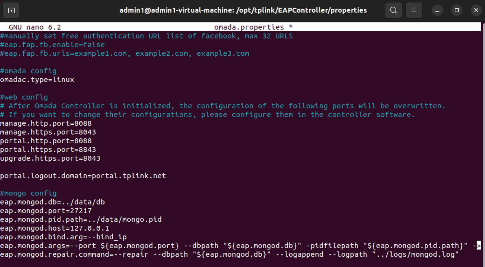 omada.properties file opened in nano text editor.