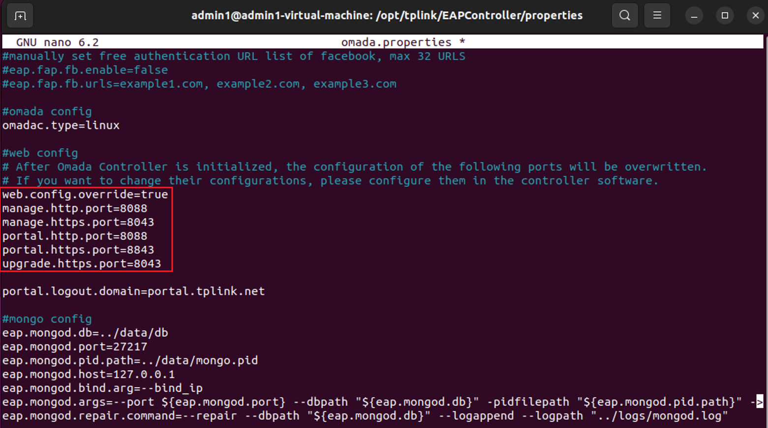 omada.properties file showing web.config.override=true manual override parameter and five configured port values.