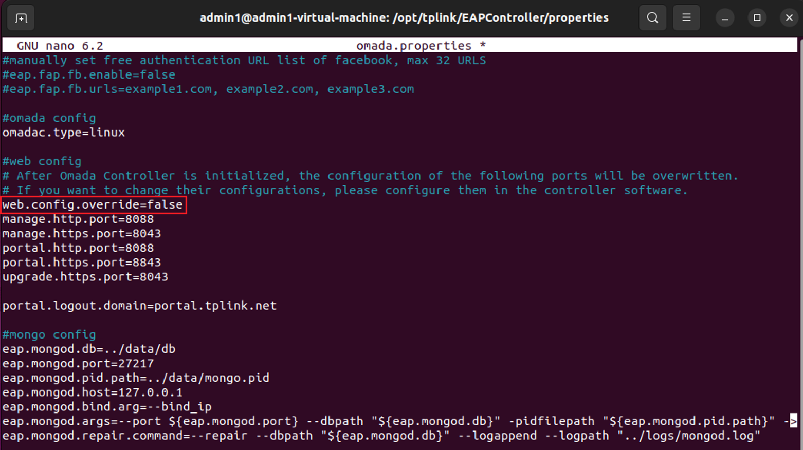 omada.properties file showing web.config.override=false setting to disable manual override.