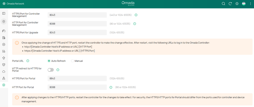 Omada Controller Web UI System Settings showing HTTPS management port configuration.