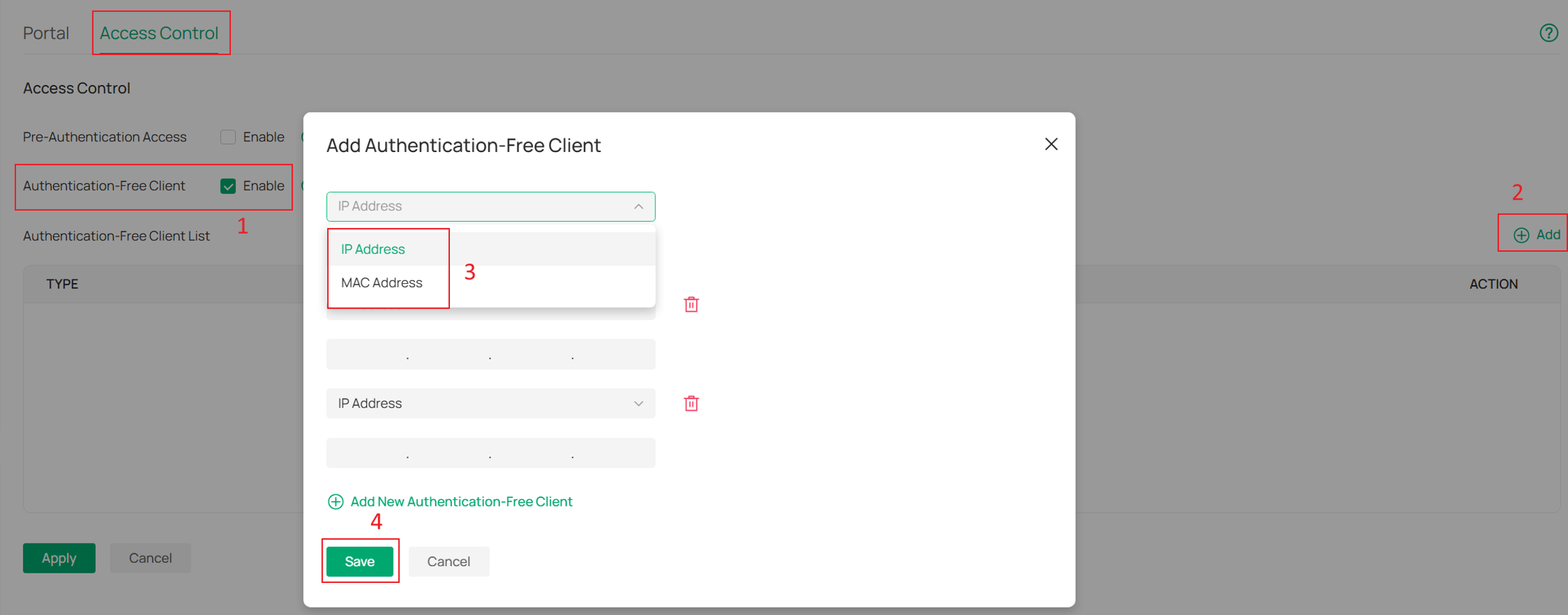 Showcase the configuration steps of Authentication-Free Client.