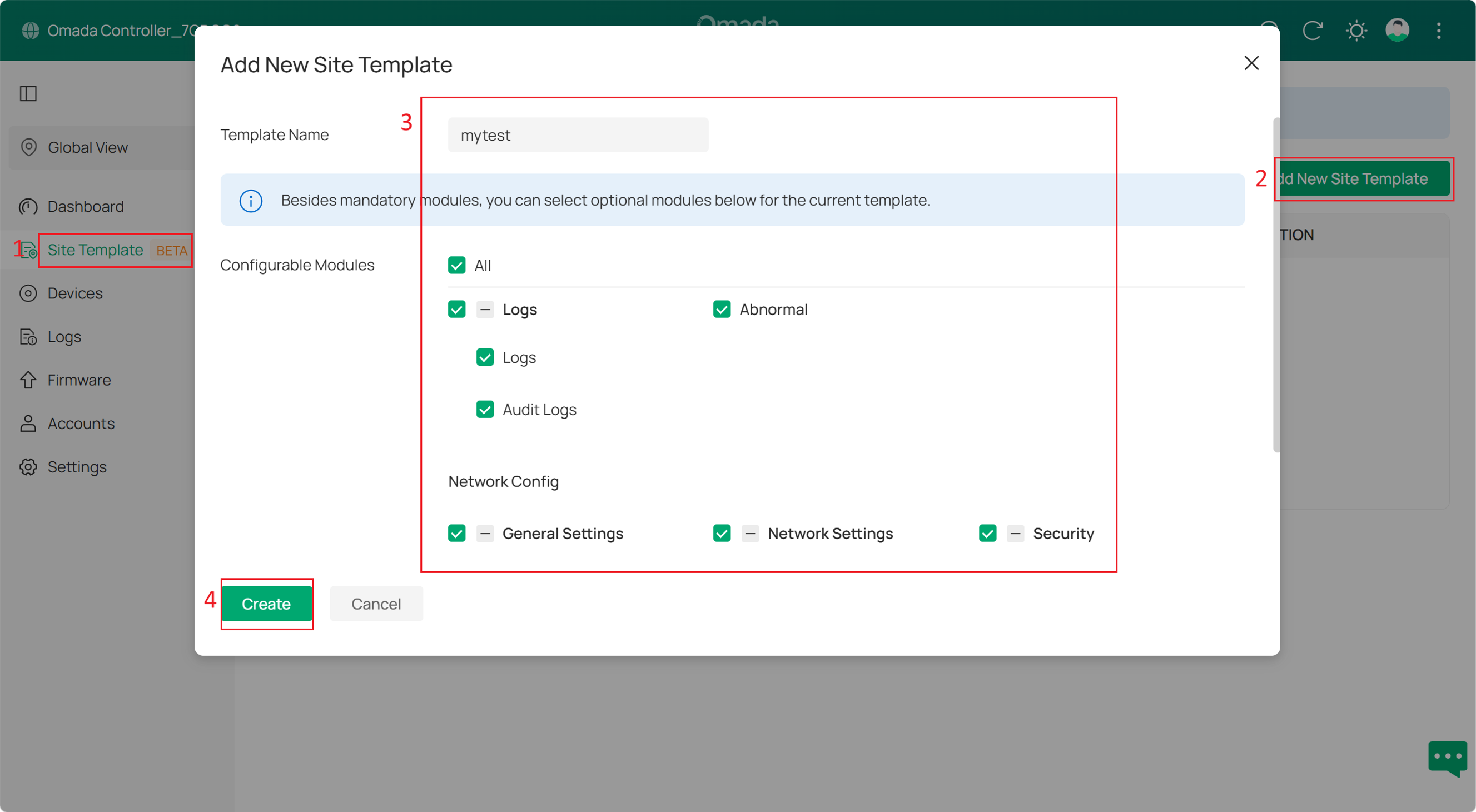Create the "mytest" site template in the Add New Site Template dialog under Global View > Site Template.