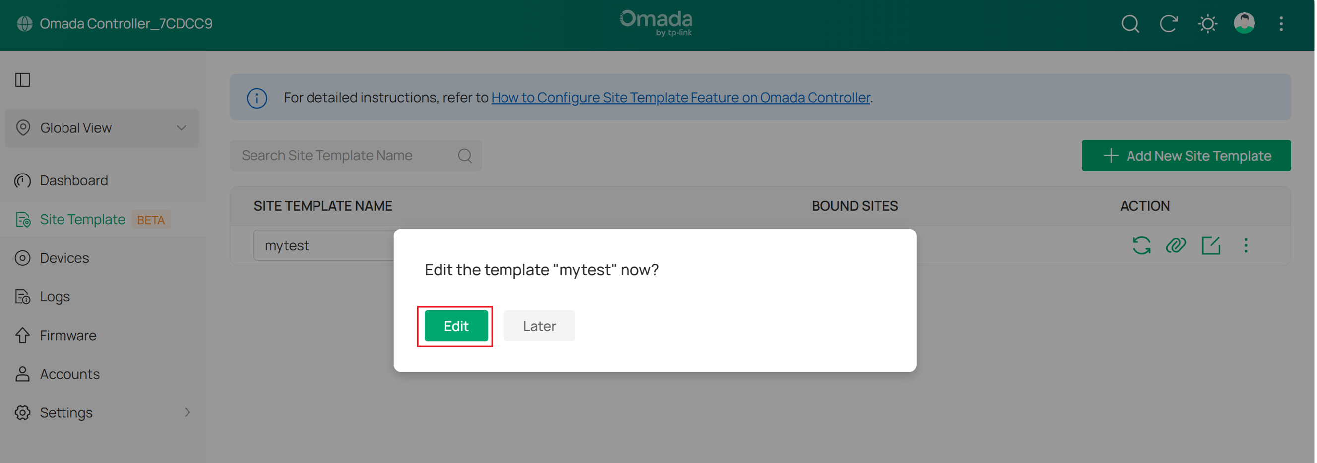 Confirmation dialog with the Edit option to open the newly created "mytest" template for editing.