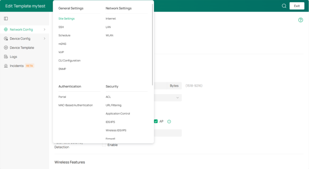 Edit Template mytest page for Network Config, Device Config, Logs and Incidents.