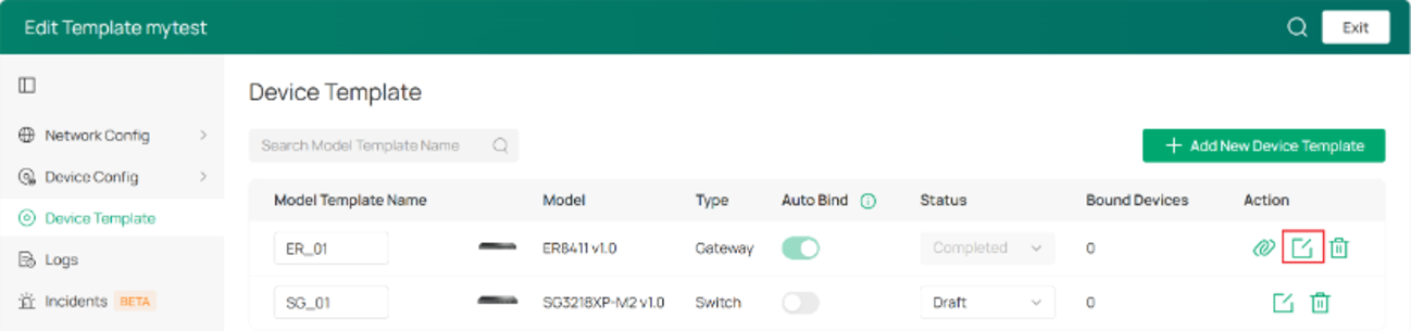 Device Template configuration page showing the edit icon under the Action column.