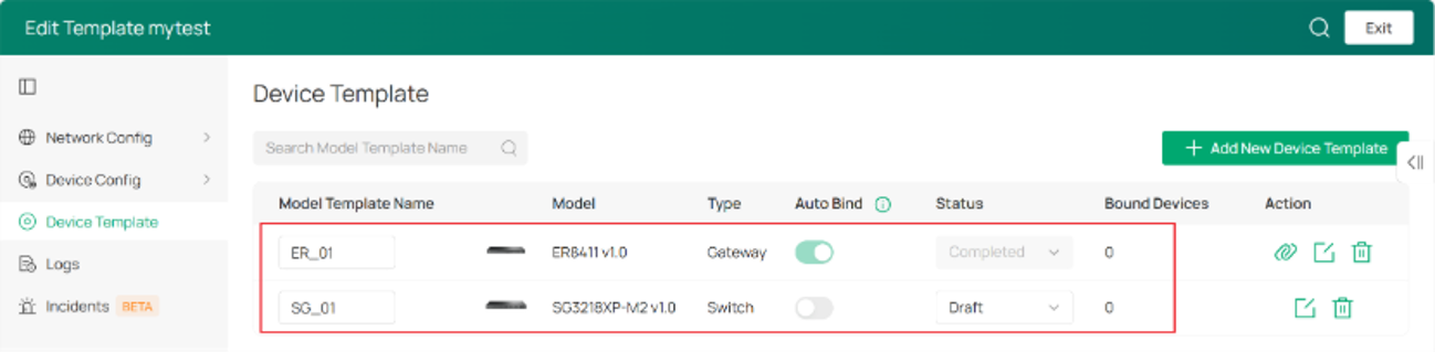 Device Template status page displaying all created device template names.