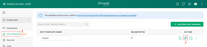 Site Template page showing the Bind New Site action.