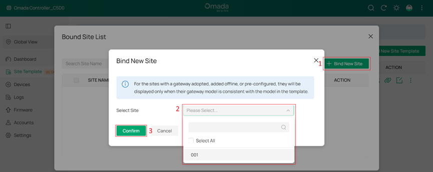 Bind New Site dialog page displaying the Confirm icon.
