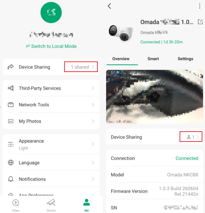 Device Sharing page showing the number of shared devices and the TP-Link IDs with access.
