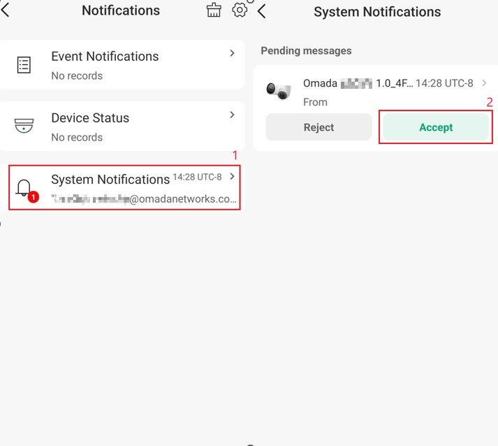 Accepting a device-sharing invitation from the Notifications page in the Omada Guard App.