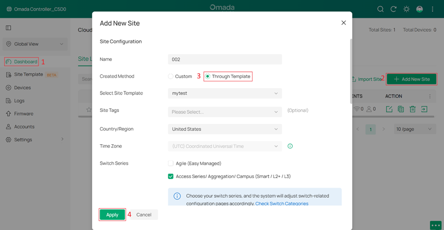 Add New Site page under Dashboard showing the Through Template option