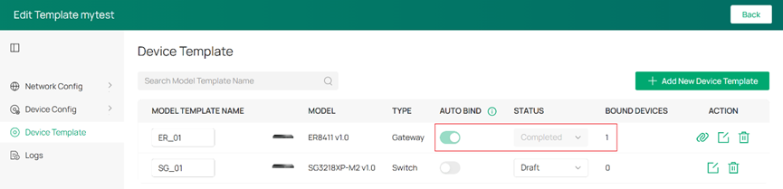 ER8411 device template showing Auto Bind enabled.