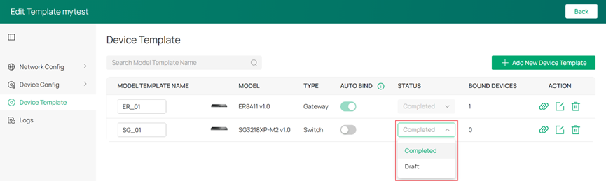 Device Template showing SG3218XP-M2 STATUS with Completed selected.