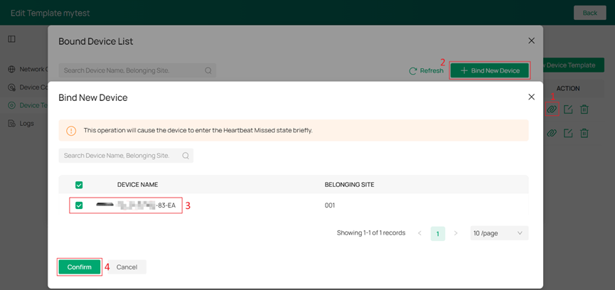 Bind New Device dialog showing the Switch entry being bound to Site 001.