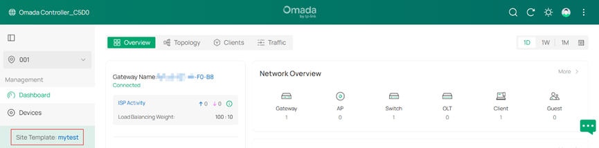 mytest Site Template overview page showing site 001 as bound.