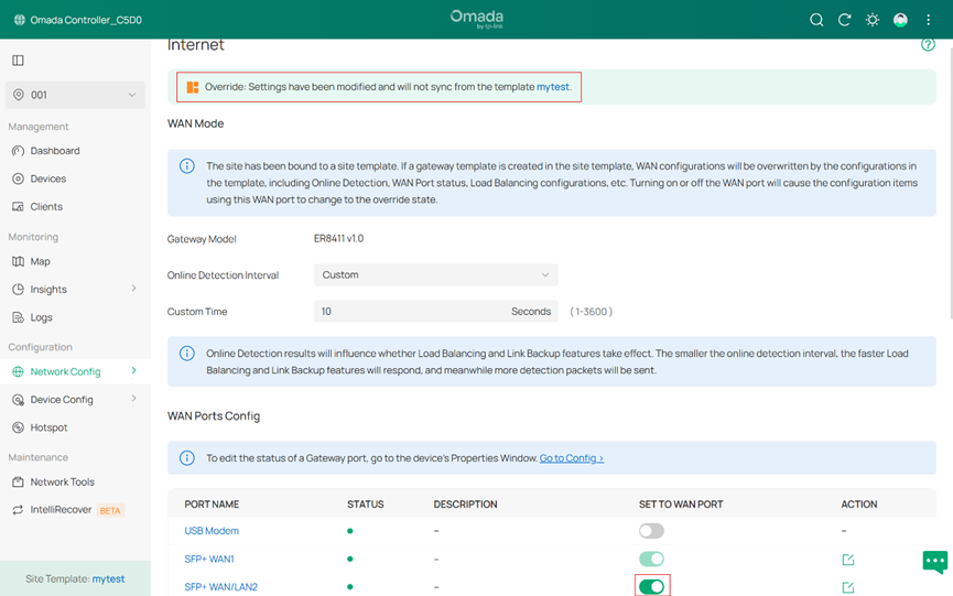 "Site Template is marked as overridden after editing Internet configuration."