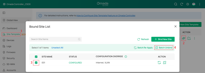 Bound Site List dialog showing the Batch Unbind option.