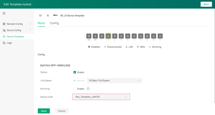 "Configuring Gateway LAN2 VLAN as Site_Template_LAN."