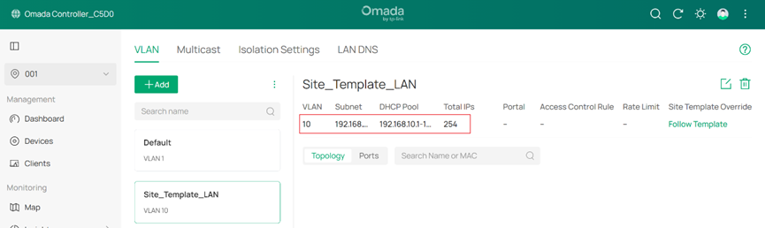 "New LAN Site_Template_LAN synced in Site 001."