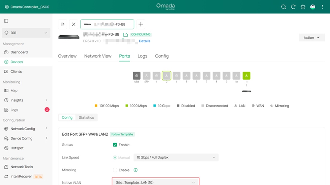 "Gateway LAN2 VLAN in Site 001 synced as Site_Template_LAN."