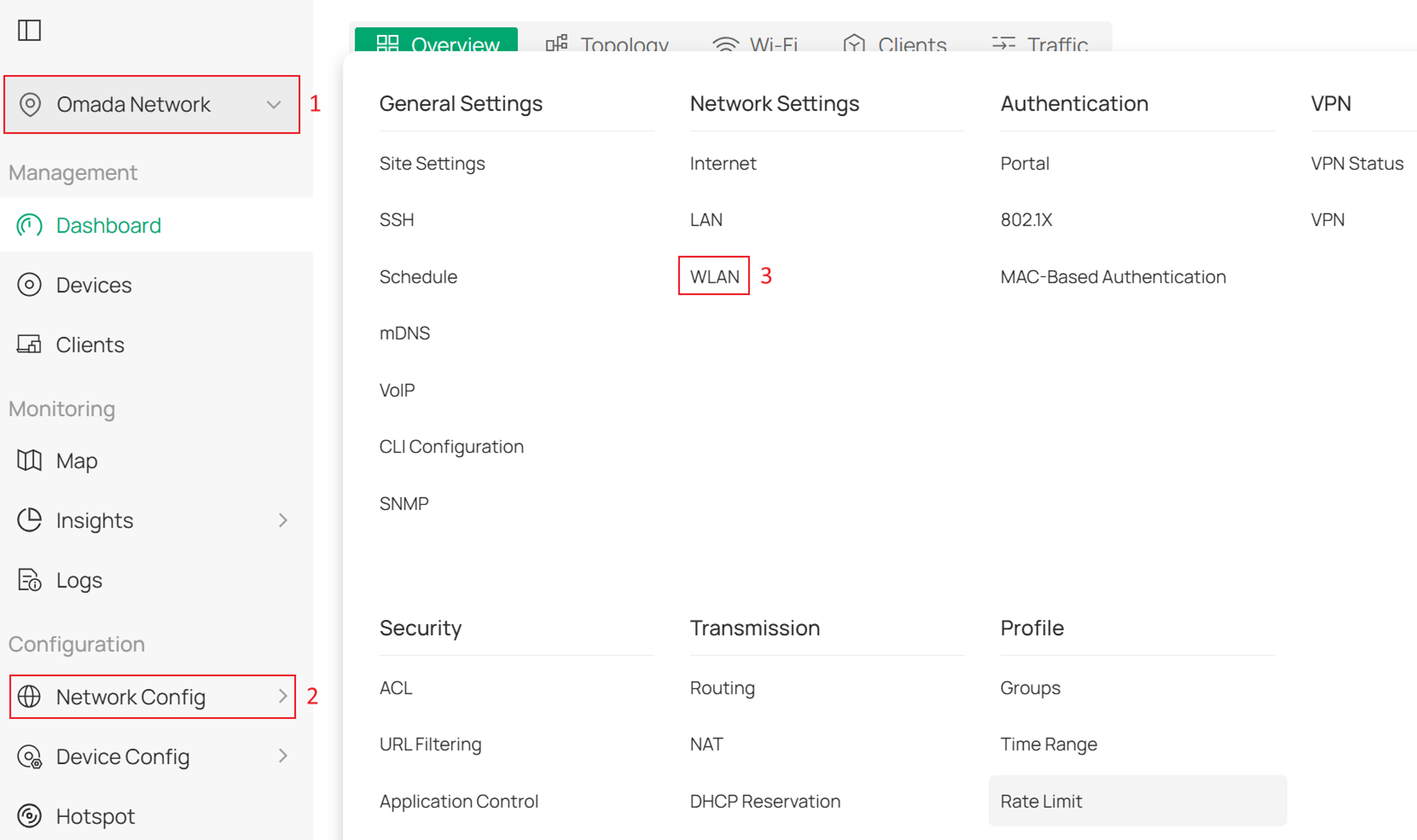 Navigation path to SSID settings under Site > Network Config > Network Settings > WLAN.