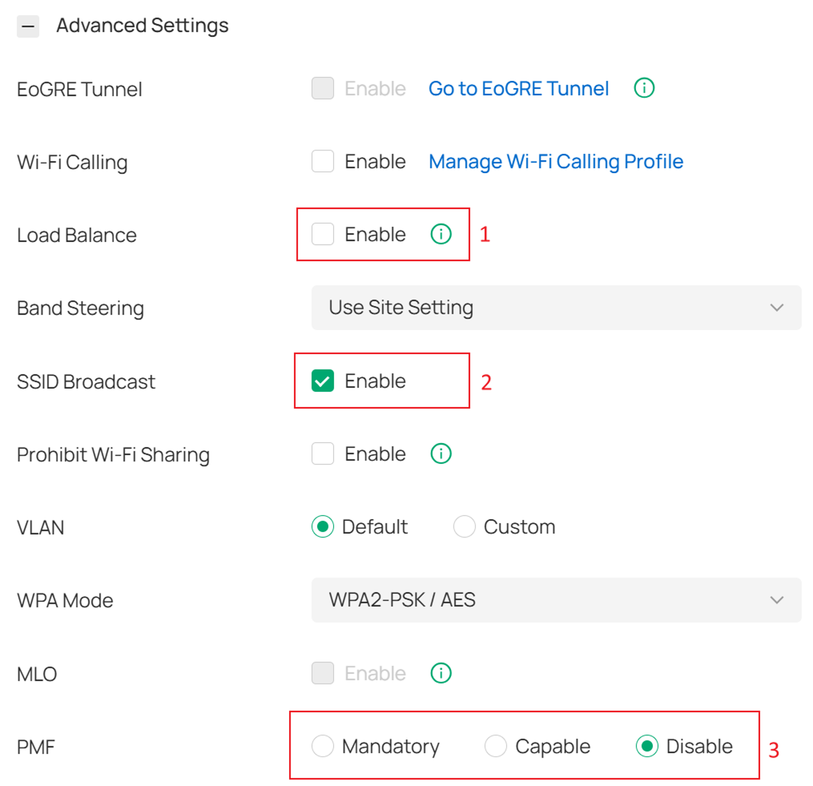 display the SSID Advancd Setting page.