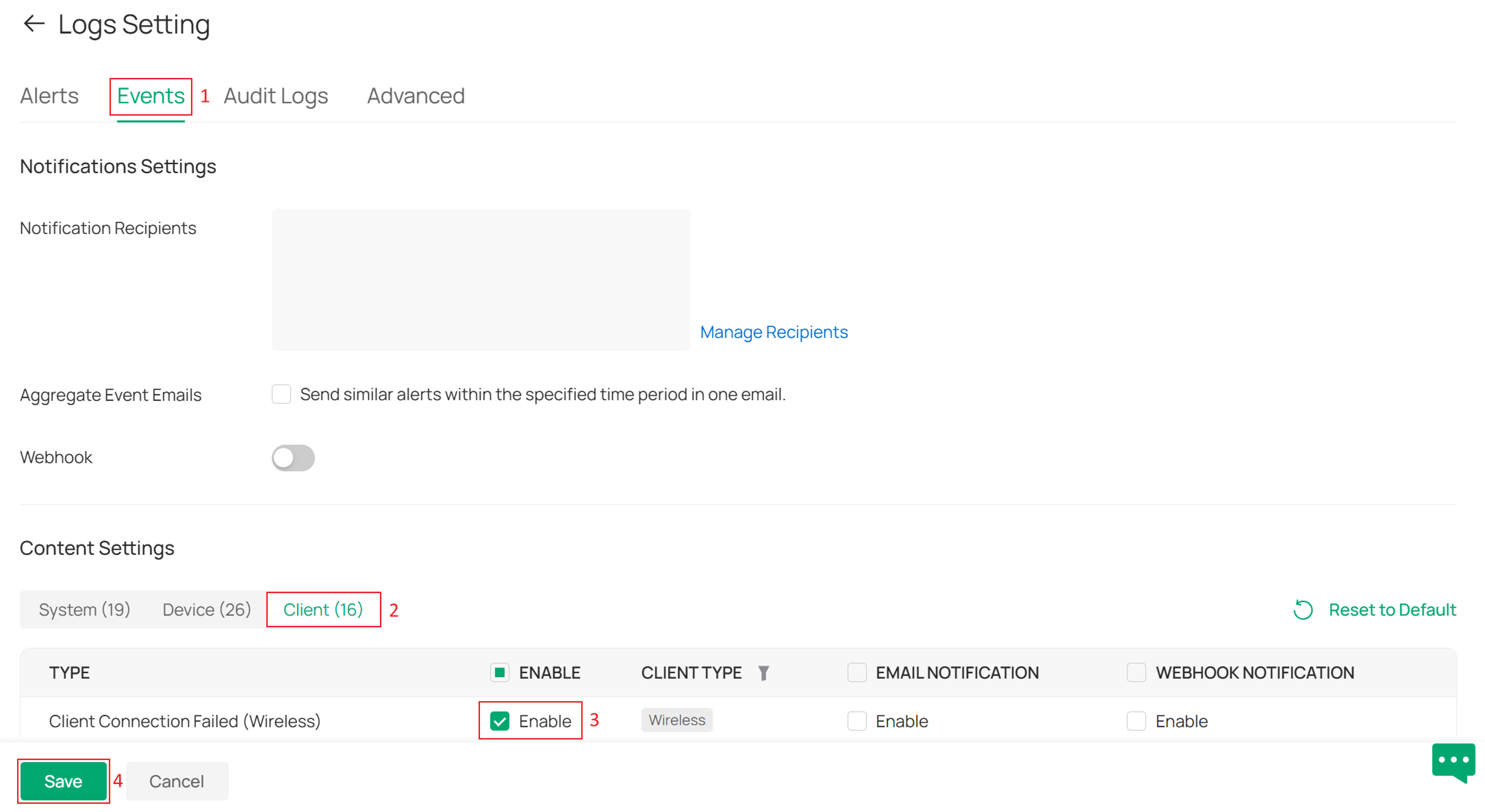 display the process to enable Client Connection Failed (Wireless) Log.