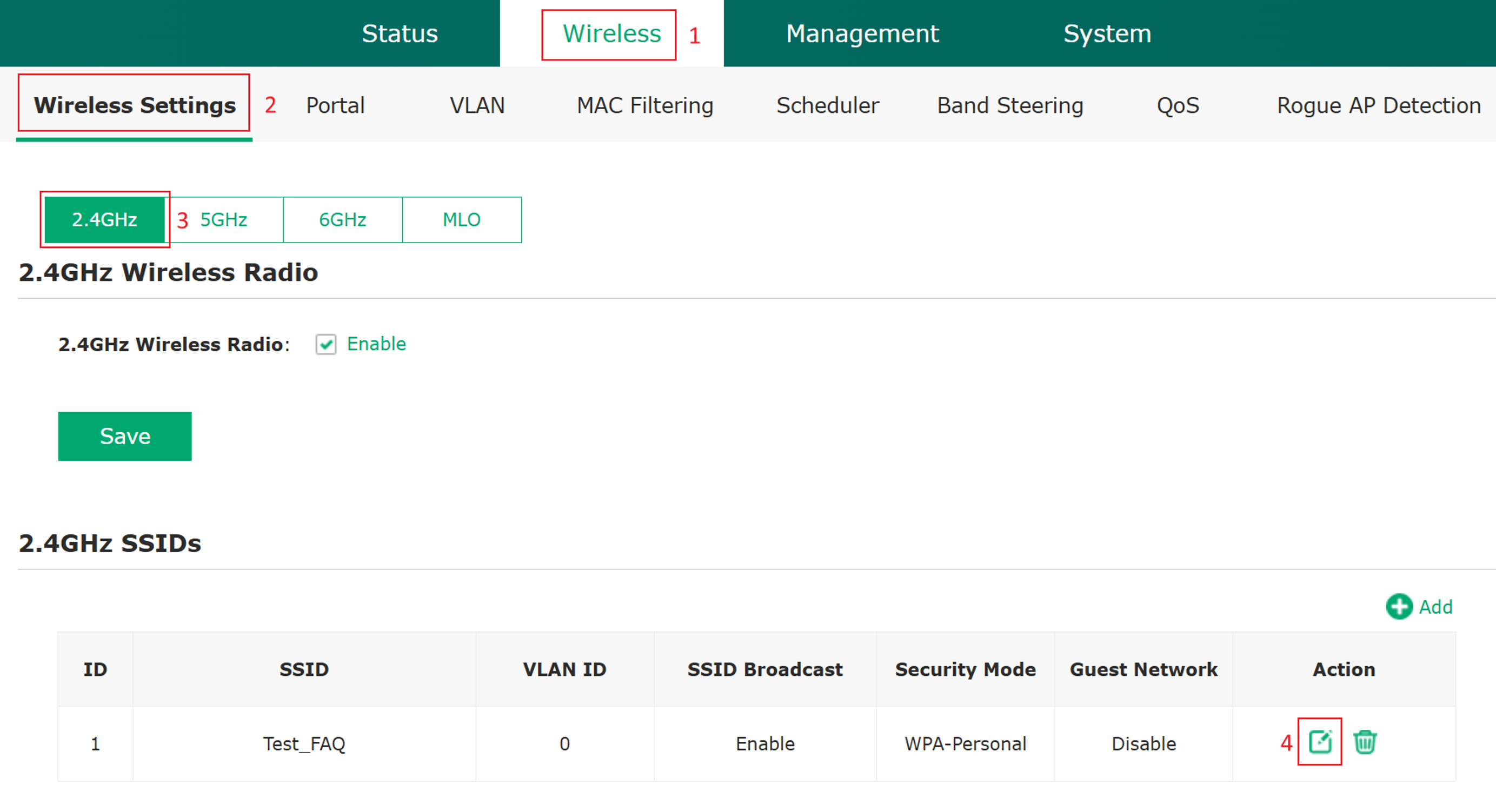 Omada device standalone mode showing navigation to SSID wireless settings page.