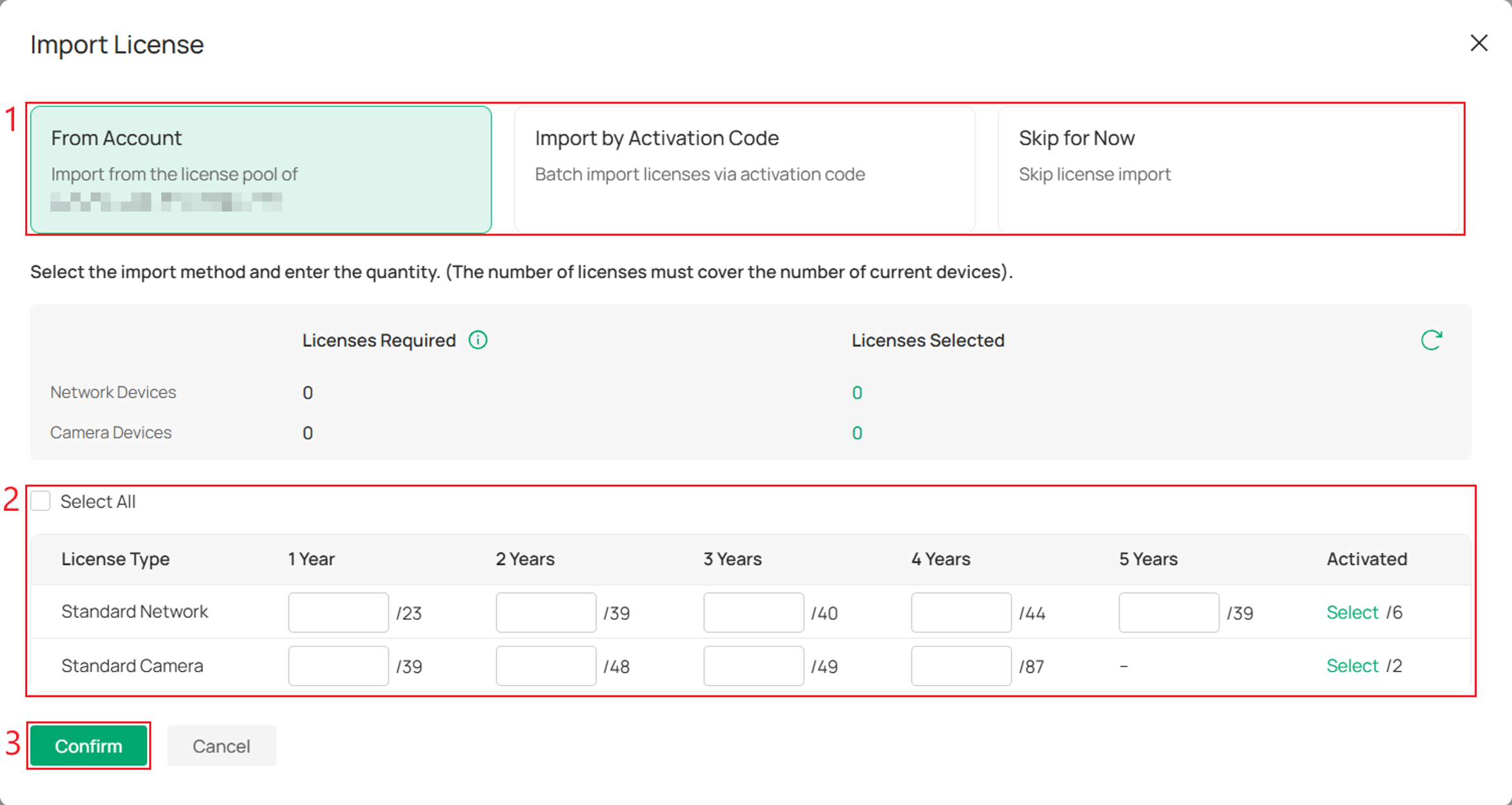 License import options including From Account and Import by Activation Code for assigning licenses to the organization.
