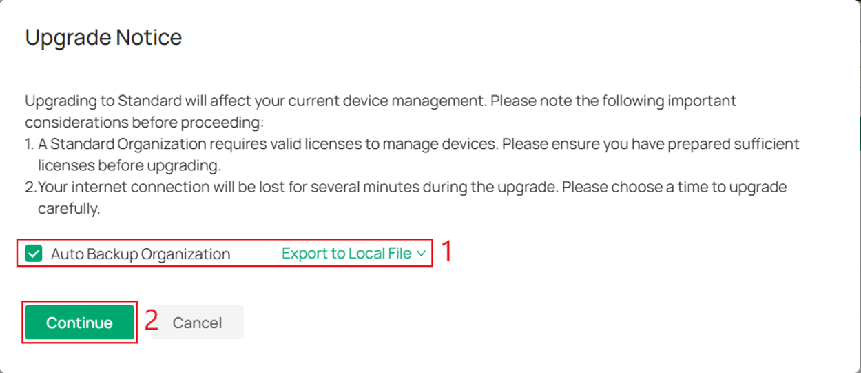 Upgrade Notice showing Standard upgrade and Auto Backup Organization option.