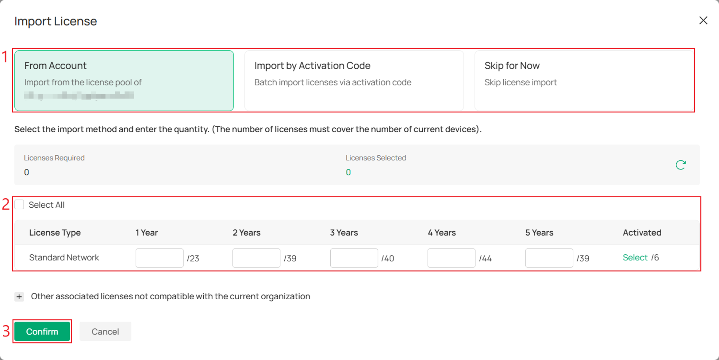 License import options including From Account and Import by Activation Code for assigning licenses to the upgraded organization.