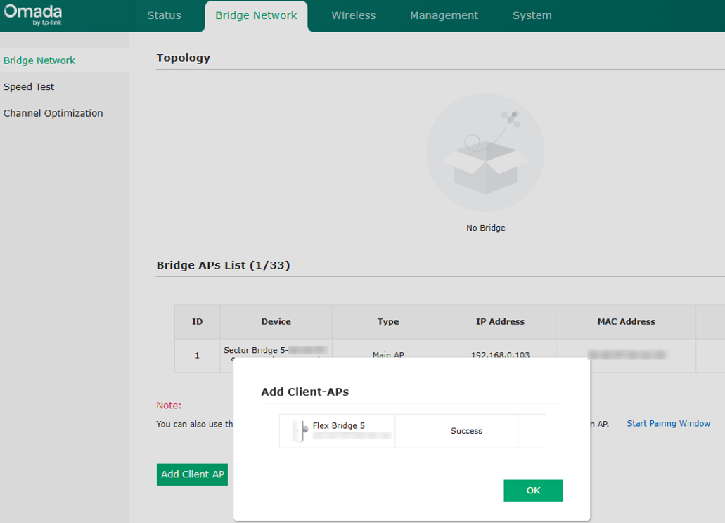 Adding client Flex Bridge 5 to Sector Bridge 5 success message.