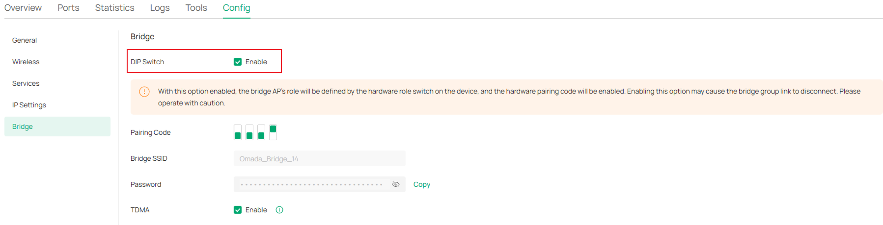 DIP switch function checkbox on settings page of Sector Bridge 5 in Omada controller.