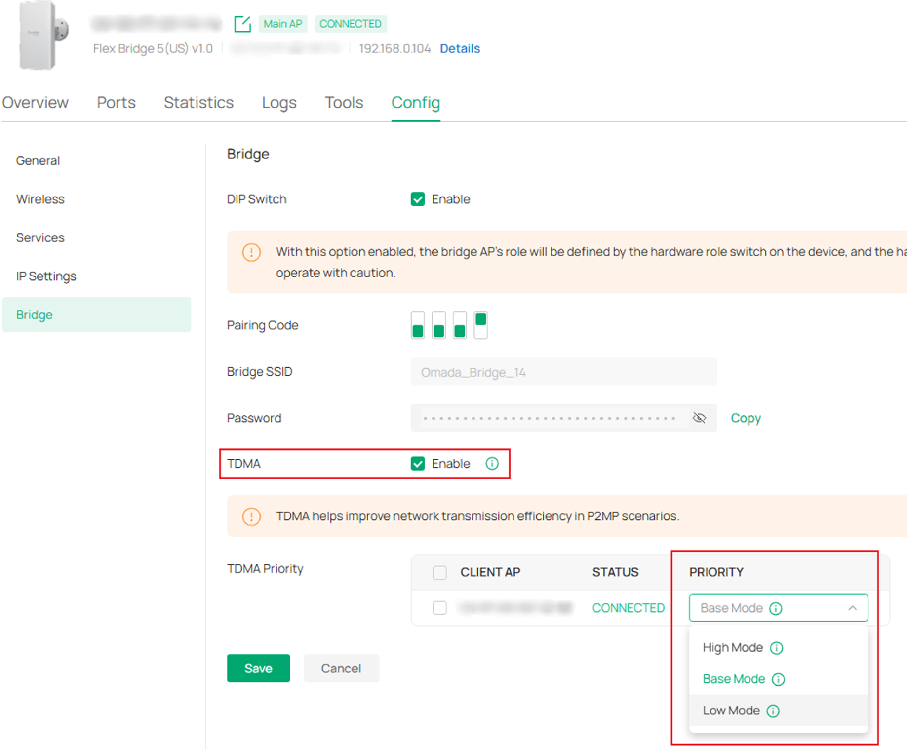 TDMA settings drop down for each priority mode.