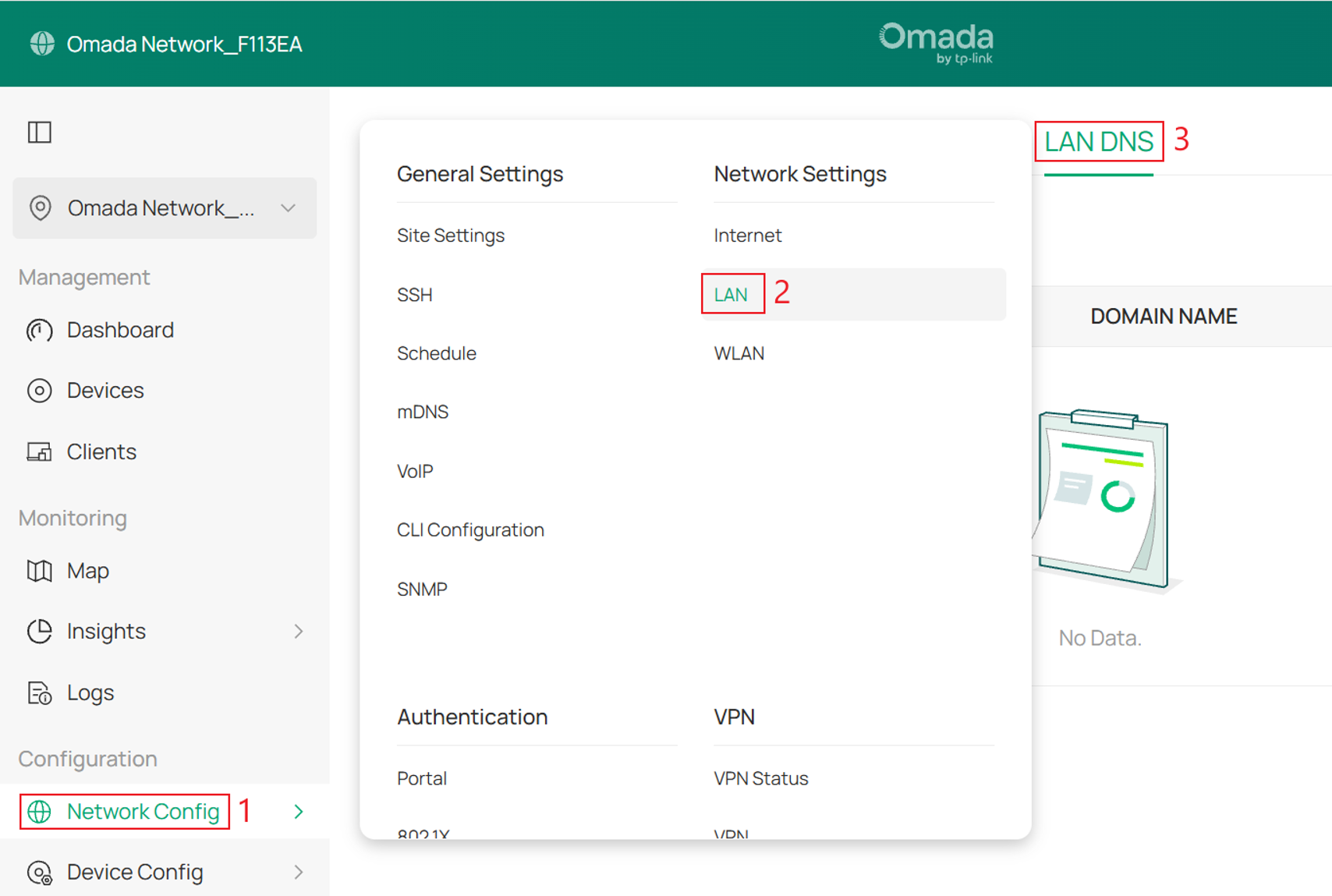 The location where you enter the LAN page by clicking Network Config and then LAN in sequence.