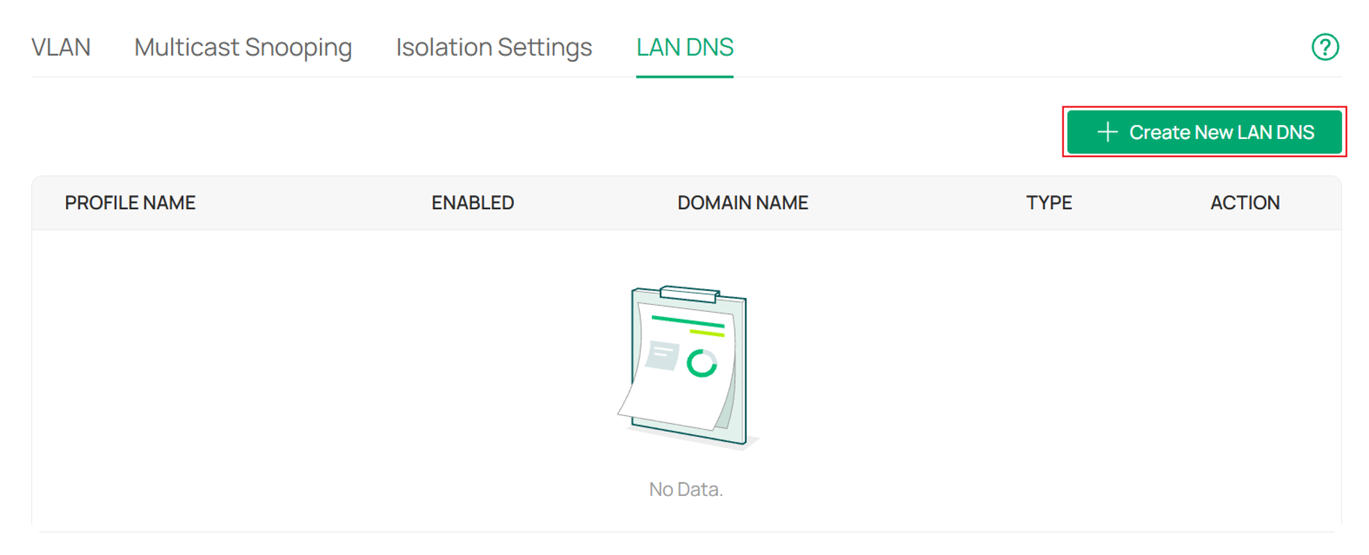 Creating a new LAN DNS rule from the LAN DNS page.