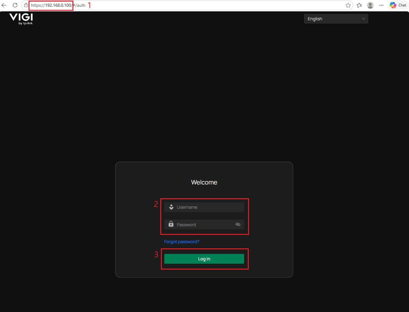 Camera login page shows the IP address, username and password fields, and Log In button.