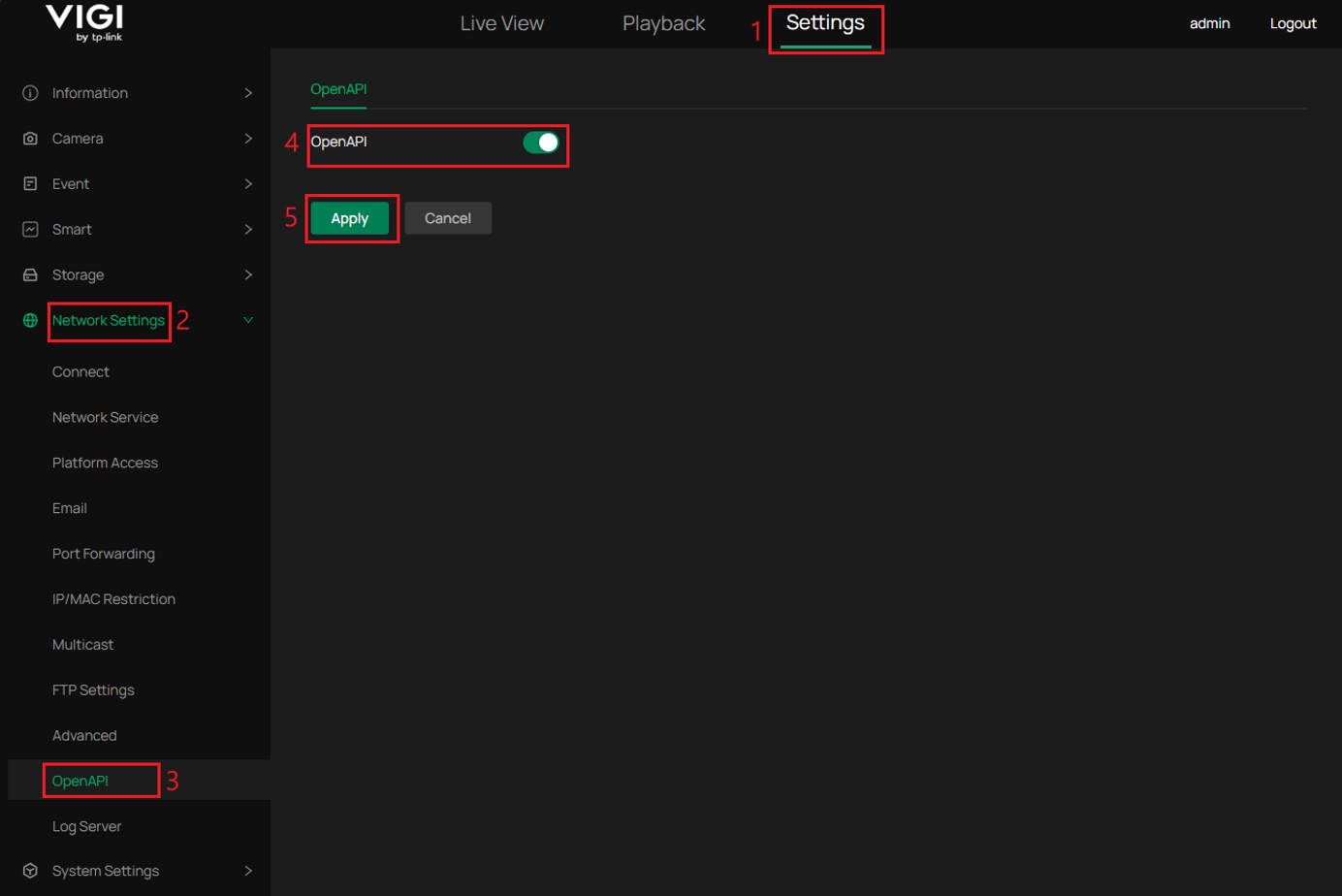 VIGI camera OpenAPI page shows the OpenAPI switch enabled under Network Settings.