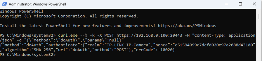 Windows PowerShell shows the first doAuth request and authentication fields returned by the camera.